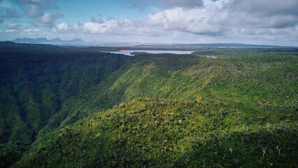 Aerial view of Black River Gorges, the last native forest on Mauritius Island, Africa