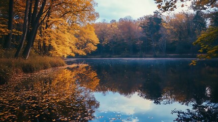 Fototapeta premium Autumn lake reflection. Golden trees and tranquil water.