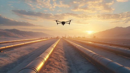 security drone flying over pipelines in vast petrochemical facility at sunset, showcasing advanced technology in industrial landscape