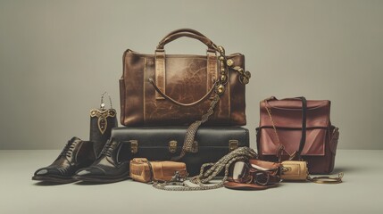 Stylish Accessory Ensemble, an elegant display of distinctive bags, shoes, and jewelry artfully arranged on a sleek, minimalist background, emphasizing modern fashion trends.