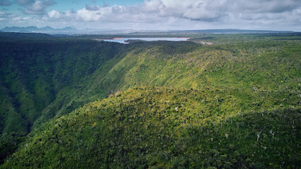 Aerial view of Black River Gorges, the last native forest on Mauritius Island, Africa