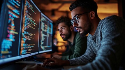 In a dark environment, two men focus intently on their screens filled with colorful code, showcasing an intense coding session that highlights teamwork in a tech-driven world.