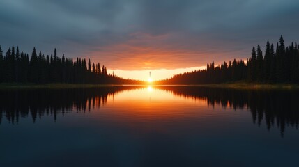 Obraz premium Stunning Sunset over Calm Lake and Forest Reflection