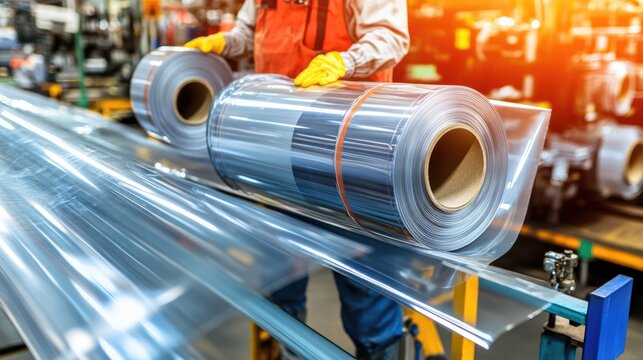 Worker Handling Large Rolls of Transparent Film in a Modern Manufacturing Facility, Showcasing Industrial Processes and Quality Control in Action