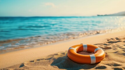 Obraz premium Lifebuoy On The Sandy Beach In Front Of Idyllic Sea