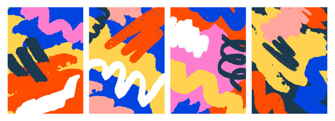 Abstract modern poster designs set. Interior wall art, colored paintings, colorful brushstrokes, doodles. Bold dynamic expressive texture, background, contemporary decoration. Flat vector illustration