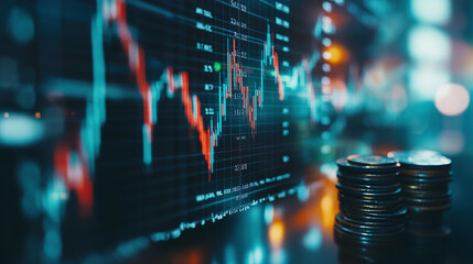 The background is blurred, with a pile of coins and financial charts in the foreground, showing a stock market curve with a fluctuating trend, symbolizing economic prosperity and vitality.