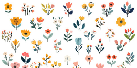 Set of cute, simple, flat vector flowers in pastel colors on a white background.