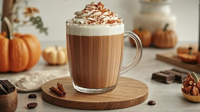 Cozy up with a pumpkin spice latte topped with whipped cream, perfect for a cool autumn afternoon. 🍂☕️