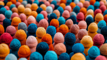 Numerous colorful woolen hats are arranged closely, showcasing different patterns and textures at an outdoor craft fair in autumn