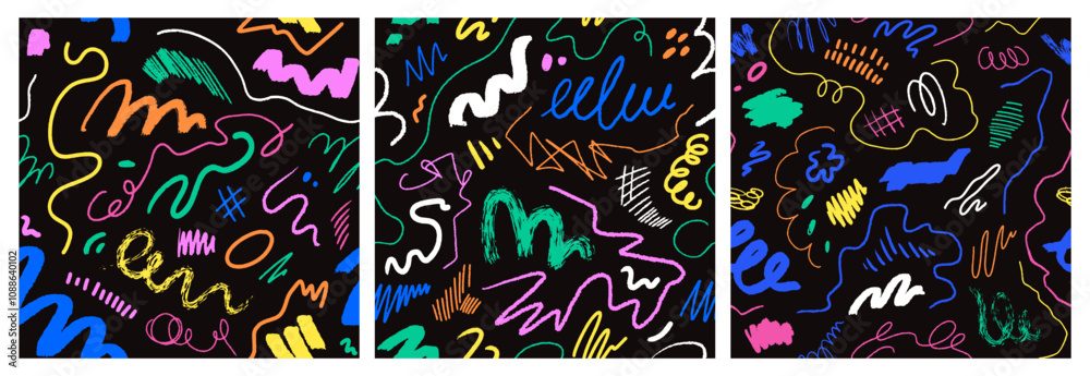 Aufkleber doodles and scribbles pattern. seamless textures set, crayon and pencil line drawings. abstract mode