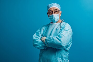 A healthcare professional stands with arms crossed, wearing a surgical mask and scrubs. The backdrop is a calming blue, symbolizing a clinical and professional environment in healthcare
