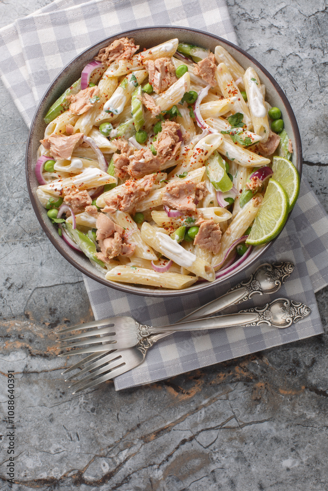 Wall mural Creamy Tuna Pasta Salad with green peas, onion, celery and yogurt dressing closeup on the plate on the table. Vertical top view from above