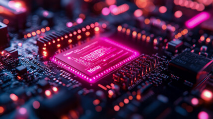 A microchip emits vivid pink light on a dark circuit board filled with intricate components, showcasing advanced technology in low-light conditions