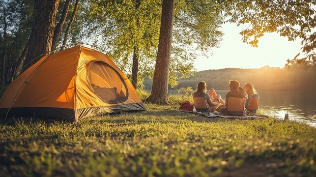tourist on a camping trip relax outside their tent