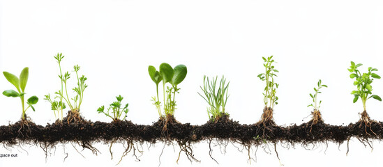 Growing plants in soil, showcasing various stages of development and types of herbs and vegetables. image highlights beauty of nature and importance of gardening