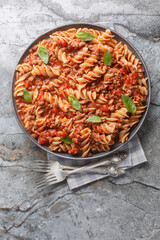Italian Big Fusilloni bolognese pasta with a beef tomato sauce closeup on the plate on the table. Vertical top view from above