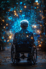 Obraz premium An elderly individual in a wheelchair gazes at vibrant digital patterns and lights in a city setting, reflecting on technology and life