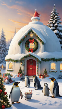 Penguins, polar bears, and seals celebrating Christmas with hats, gifts, and an igloo decorated like a55 house