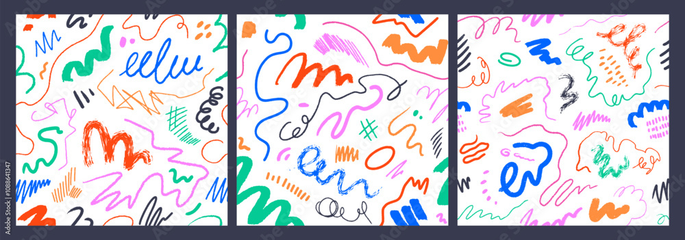 Aufkleber scribble pattern set. seamless doodle texture with colorful squiggles and freehand line drawings. ab