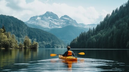 Traveler kayaking in the lake, mountains landscape