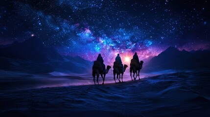 The Three wise men from the Bible travelling and following a bright star, Christmas nativity, 3 kings day holiday