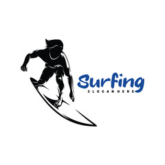 Silhouette surfing logo vector illustration design. suitable for water sports themes, beach activity, or surf logo
