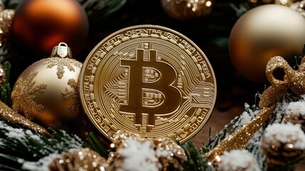 Bitcoin Festive New Year Concept. A golden Bitcoin coin surrounded by festive decorations, including ornaments and snow, symbolizing the intersection of cryptocurrency and holiday spirit.