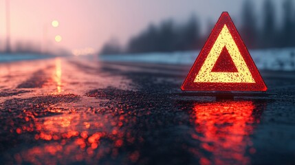 Rainy Night Road Emergency Red Warning Triangle Reflecting on Wet Asphalt