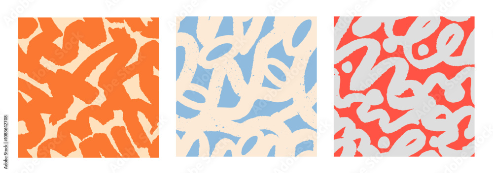Poster Abstract pattern design set. Brushstroke doodles, seamless texture, endless background. Repeating print, modern drawing for fabric, textile, wallpaper, wrapping. Hand-drawn flat vector illustration