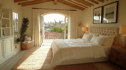 Bright and airy bedroom with natural light and stunning view of coastal landscape at sunset
