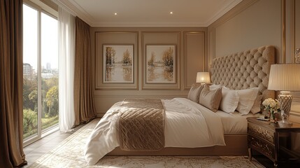 Elegant bedroom with plush bedding and modern decor overlooking a tranquil outdoor view