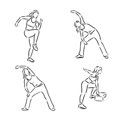 Hand drawn sketch of an exercising woman. Vector illustration.
