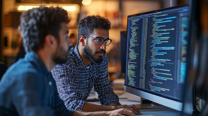 Two software developers work intently side by side in a bright office, deeply engaged with code displayed on multiple large monitors in a modern setting.