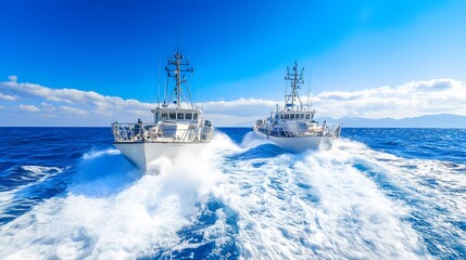 Obraz premium Naval patrol boats cruising through the open sea, maintaining security and vigilance in international waters, symbolizing maritime defense and global cooperation.