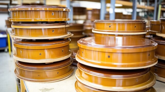 Stacked Wooden Drum Shells in a Factory Warehouse Showcasing Craftsmanship and Precision Timing in Drum Manufacturing Process