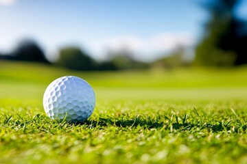 Close-up view of a golf ball resting on lush grass at a golf course during a sunny day