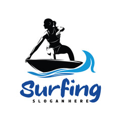 Silhouette surfing logo vector illustration design. suitable for water sports themes, beach activity, or surf logo