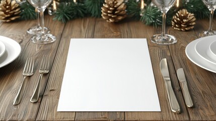 Design mockup in Happy New Year. Blank menu on a festive dining table with pinecones and tableware.