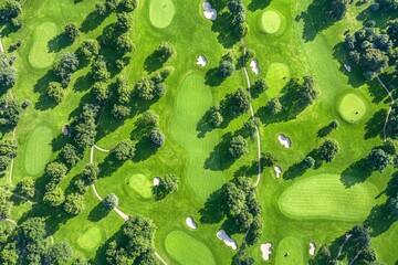 Aerial view of a lush green golf course featuring well-maintained fairways and strategically placed bunkers