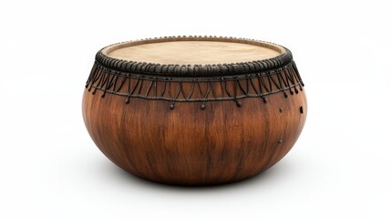 Handcrafted wooden drum with intricate woven detailing on a minimalist background