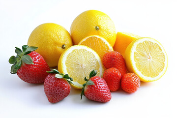 Fresh lemons and strawberries arranged beautifully, showcasing vibrant colors and textures. bright yellow lemons contrast with red strawberries, creating appealing and refreshing display