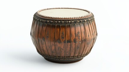 Traditional handcrafted tabla drum with ornate detailing and textured wooden body