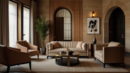 , which is not publicly available.  The keywords below are guesses based on common searches... Elegant living room with beige furniture, arched doorways, and large windows.