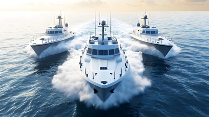 Naval patrol boats cruising through the open sea, maintaining security and vigilance in international waters, symbolizing maritime defense and global cooperation.