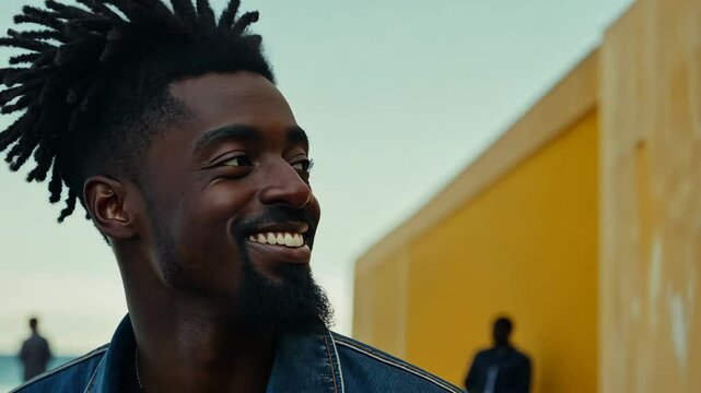 A happy man with dark skin and short dreadlocks smiles, looking off to the side