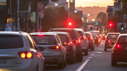Cars lined up in a traffic jam at a red light at sunset.