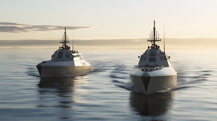 Naval patrol boats cruising through the open sea, maintaining security and vigilance in international waters, symbolizing maritime defense and global cooperation.