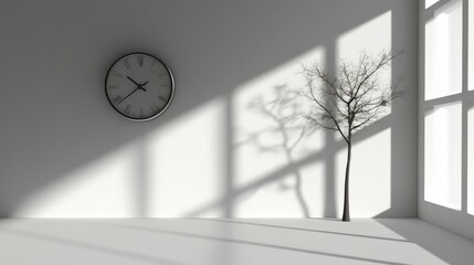 Minimal clock on a white wall, soft shadows cast by sunlight streaming in, creating a serene and tranquil afternoon ambiance.