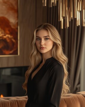 Portrait of a russian woman with long hair in a stylish interior setting.
